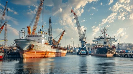 Fototapeta premium Urban dockyard bustling cranes, cargo symbolize global commerce in modern industrial scene