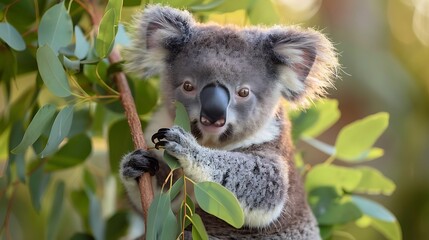 Fototapeta premium Adorable Baby Koala Clinging to Eucalyptus Branch in Lush Green Forest Habitat under Soft Natural Light