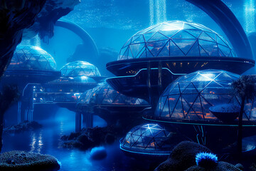 Futuristic underwater city with illuminated domes and advanced marine habitats