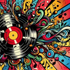 Pop Art Illustration of a Broken Record with Music Notes