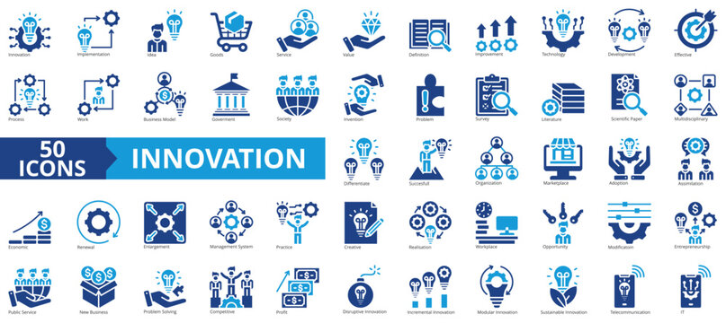 Innovation icon collection set. Containing implementation, idea, goods, service, value, definition, improvement icon. Simple flat vector