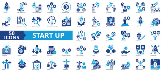 Start up icon collection set. Containing start up business, start up company, entrepreneur, business model, employment icon. Simple flat vector