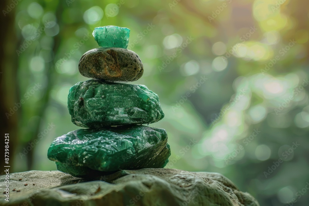 Poster balanced stones in tranquil forest setting with soft bokeh lighting