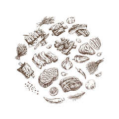 A set of hand-drawn sketches of barbecue elements. For the design of the menu of restaurants and cafes, grilled food. Pieces of meat and vegetables with seasonings.