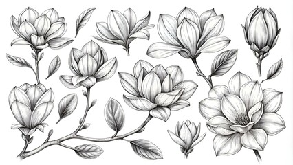 Sketch Floral Botany Collection. Magnolia flower drawings. Black and white with line art on white backgrounds. Hand Drawn Botanical Illustrations.Vector.