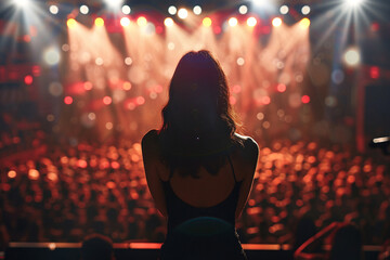 Concert. Soloist. Woman performs on stage in front of an audience. Only the silhouette of woman in...