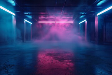 Fototapeta premium Mysterious night scene, abandoned street illuminated by neon lights, a dark empty street, dark blue background, empty dark scene