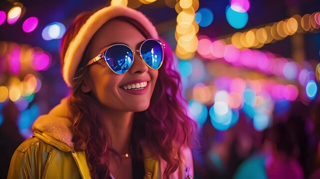 Latin American woman dancing in a nightclub, sporting trendy sunglasses and enjoying the vibrant nightlife scene