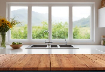 Fototapeta premium Wooden board empty table in front of blurred background Mockup restaurants, Kitchen, sea beach, Nature