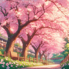 Fototapeta premium fully bloomed cherry blossom trees anime style