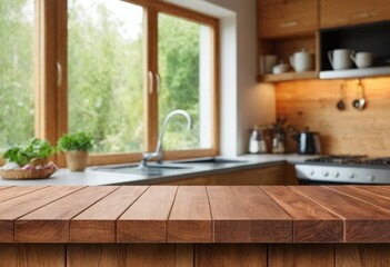 Fototapeta premium Wooden board empty table in front of blurred background Mockup restaurants, Kitchen, sea beach, Nature
