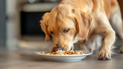 Golden Retriever enjoys a meal from a white plate on a wooden floor, displaying the joy of pet care and obedience training at home.