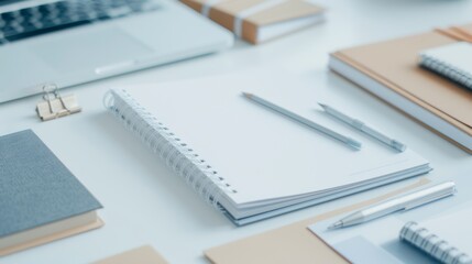 Top-down view of a workspace with multiple notebooks, pages filled with sketches and notes, spiral bindings prominent, evoking a sense of productivity
