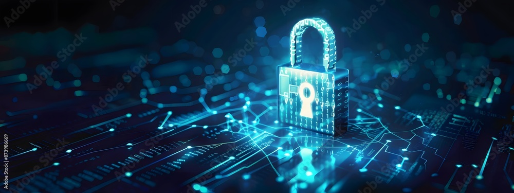 Poster digital padlock for computing system on dark blue background, cyber security technology for fraud pr