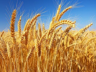 Fototapeta premium vast field of golden wheat swaying in the breeze under a clear blue sky.