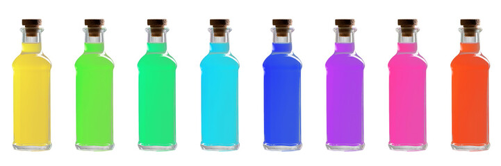 Glass bottles with colorful liquids and cork on transparent background
