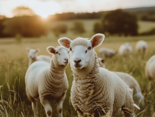 flock of sheep roaming a grassy field, showcasing a serene farm setting.