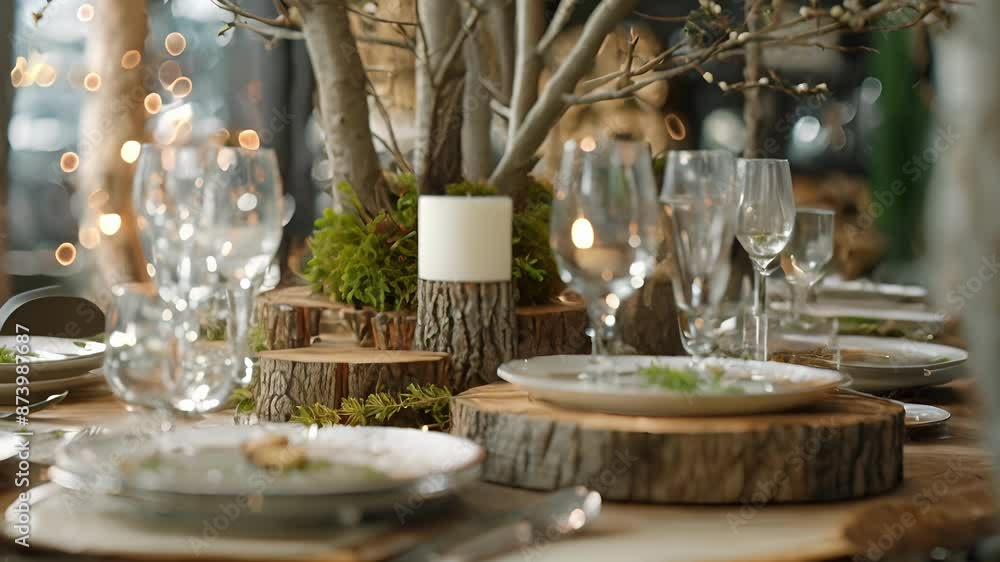 Poster natural elements like tree stumps and branches serving as unique serving platters and utensils addin