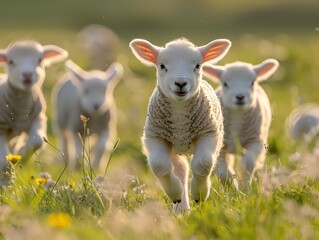 Young lambs frolicking in a pasture, representing the next generation of wool producers.
