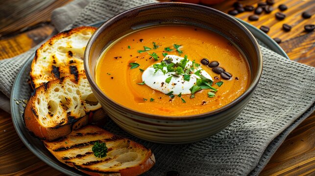 A bowl of soup with bread and coffee beans.
