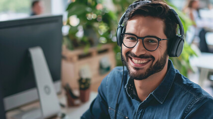 Fototapeta premium Portrait of a handsome man smiling while working on a computer with a headset.