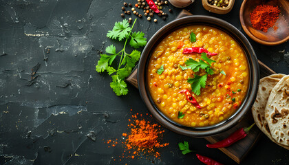 Indian food dal. Traditional Indian soup lentils. Indian Dhal spicy curry in bowl, spices, herbs, rustic black wooden background. Top view