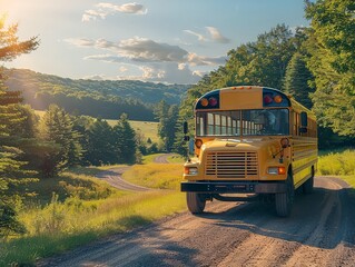 bright yellow school bus traveling down a country road, transporting children to school.