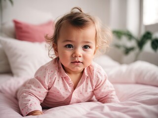 Fototapeta premium Cute baby on the white bed with pink dotted shirt