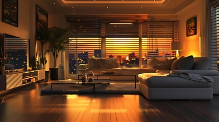 A meticulously designed 3D rendering of a fully furnished living room with contemporary furniture and warm lighting, inviting relaxation