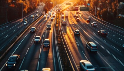 Highway congested with a multitude of cars and trucks in a bustling traffic scene