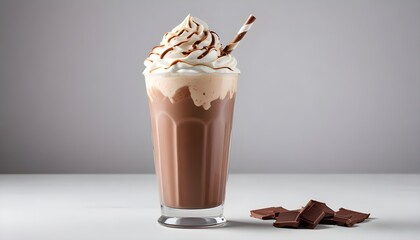 An isolated chocolate milkshake with whipped cream on top, served in tall glasses