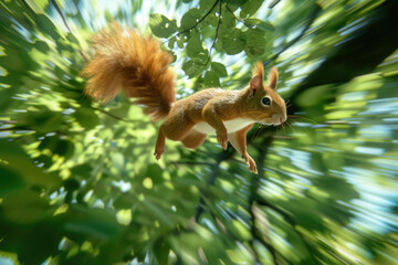 Fototapeta premium A red squirrel leaps through the air, its bushy tail outstretched, against a background of bright green leaves and sunlight