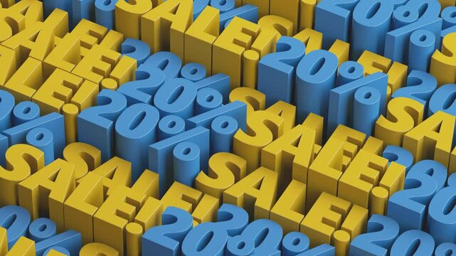 Blue and yellow 20% off sale offer looped animation. 10 to 90 percent discount sale signs in a rows for flash sale, big deal, cyber week, hot deal, mega sale, black friday, black week promotion.