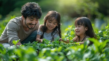 Fototapeta premium Family helps grow vegetables