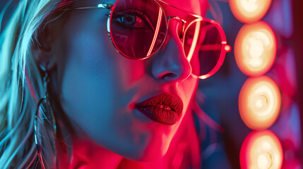 Close-up portrait of a beautiful young blonde woman with red lips wearing glasses, holding bitcoins. This image represents the concept of cryptocurrency, highlighted with creative neon lighting.