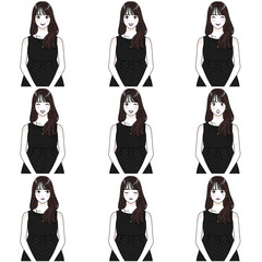 ロングヘアの女性のイラスト　表情　セット