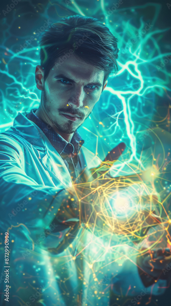 Poster a man in a white lab coat holds a glowing orb surrounded by a lightning effect