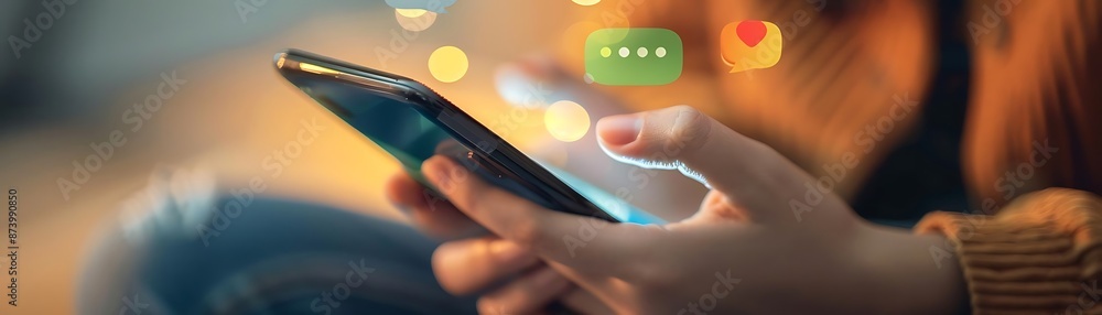 Poster close - up of hands holding smartphone with messaging app and chat bubbles, featuring a person with 