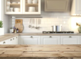 Wooden Table Top with Blurred Kitchen Background