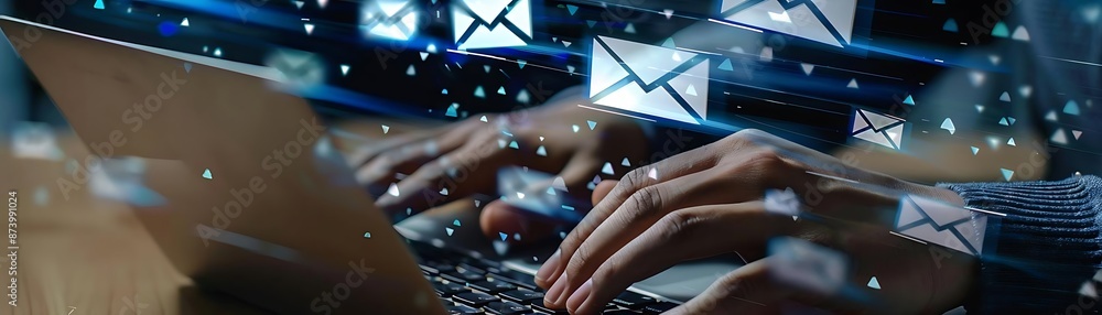 Aufkleber close - up of hands typing on laptop keyboard with email communication in the background