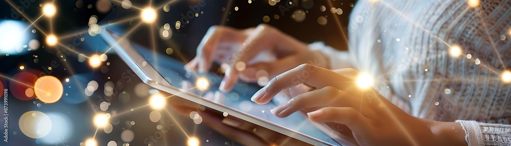 Poster close - up of hands using tablet for online communication and social networking, with a white hand a