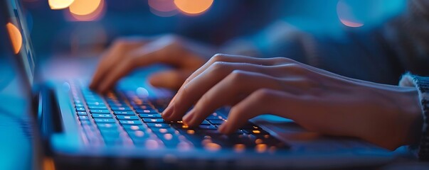 close - up of hands typing on keyboard with video conference call and online meeting in the background