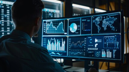 A man is looking at data on a computer screen.