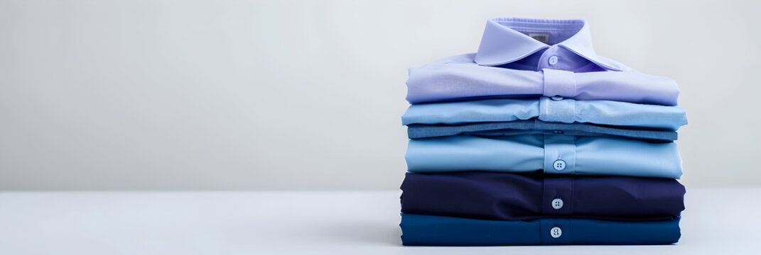 Neatly arranged blue shirts folded on white surface, reflecting minimalism and professionalism