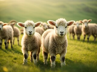 Obraz premium cute little lambs on fresh spring green meadow during morning