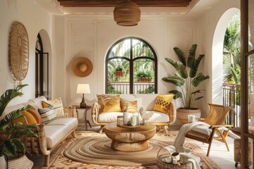 Cozy bohemian living room with rattan furniture, earthy tones, and indoor plants, creating a warm and inviting space filled with natural light and boho style.