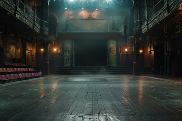 Fototapeta premium Atmospheric view of an empty theater with classic architecture and stage lighting
