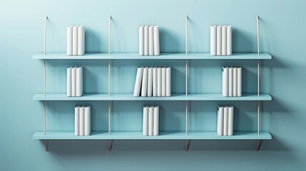 Three light blue wall shelves hold organized rows of identical white books against a solid aqua backdrop suitable for education marketing banners.