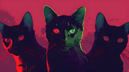 Three Black Cats Illustration