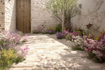 Scenic garden path with blooming flowers and rustic stone walls, creating a charming and serene outdoor space perfect for nature walks.